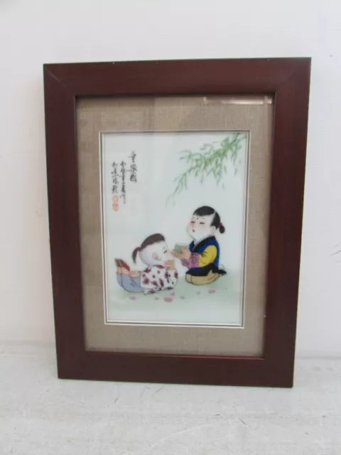 Chinese Porcelain Tile Hand Painted Plaque Children Framed