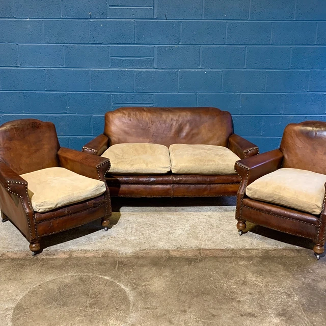 Vintage Leather Sofa & Armchairs  1930s interior design
