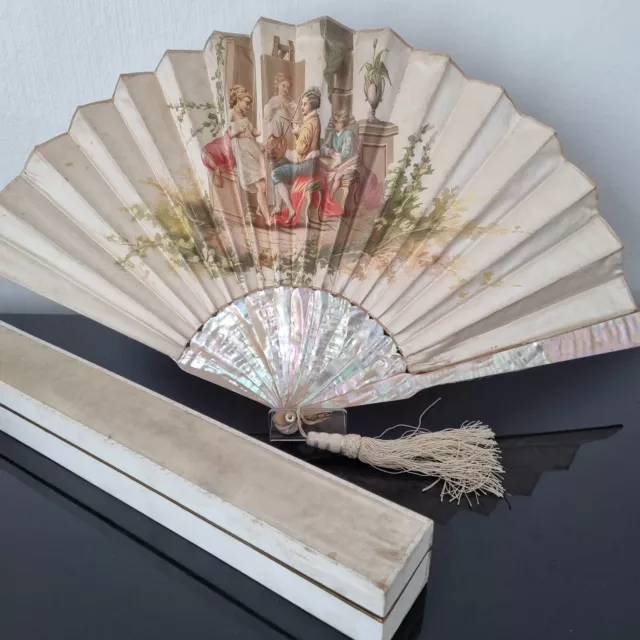 EVENTAIL Nacre XIXè Goldfish Décor Peintre Ecrin MOP HAND FAN VENTAGLIO 19thC