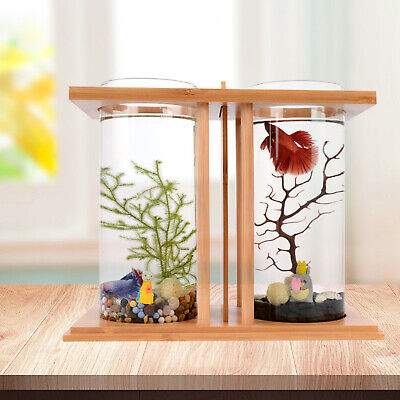 Creative Dual Glass Betta Aquarium Bamboo Base Mini Fish Tank Decoration Bowl