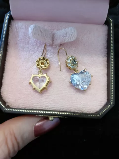 Vintage Juicy Couture Gold Plated Faceted Heart Drop CZ Earrings New in Box 2
