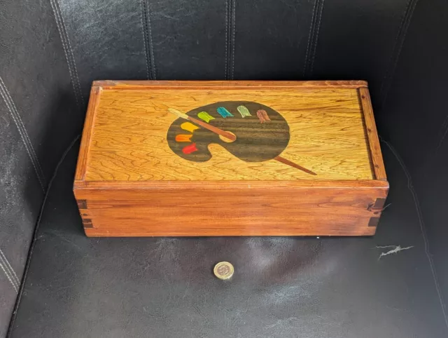 Hand Made Wooden Artists Storage Box Hand Painted Dove Tails Removable Tray