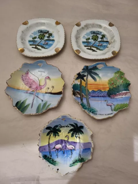 5pcs -Vtg Souvenir Florida Flamingo 3 Trinket Dish, 2 Ashtray Porcelain -READ