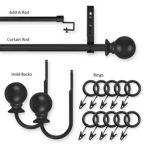 Pinnacle Adjustable Unique Large Black Ball Curtain  Rod Collection 28-50"