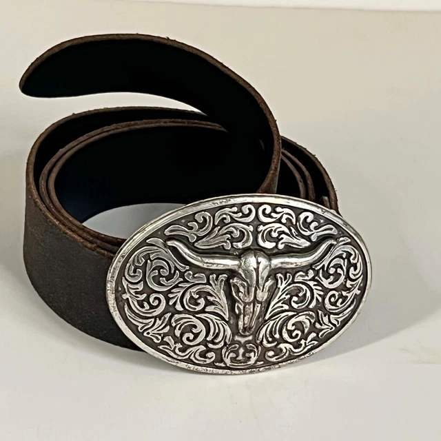 Manguun Denim Western Leather Belt Bullhead Longhorn silver buckle Mens 95/38