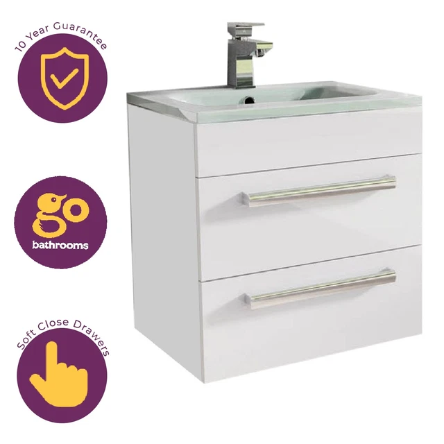 SMALL WHITE GLOSS Bathroom Sink Unit Vanity Unit Wall Hung Sink 2 Drawers 50cm £252.35 - PicClick UK