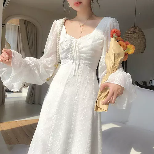 Vintage fairy dress ladies elegant chiffon dress long sleeve French party 2021