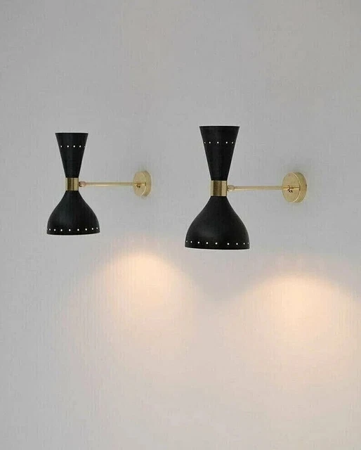 Paire D'appliques Murales Diabolo – Style Mid-Century, Laiton Brut, Noir Et Blanc