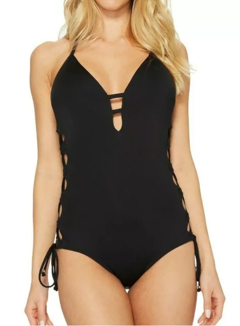 Laundry by Shelli Segal Womens Black Strapped Plunge One-Piece Swimsuit Size S -