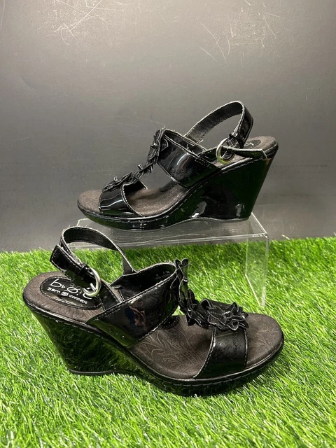 BOC Born Concept Sandals Womens Size 7 Black Patent Leather Wedge Slingback