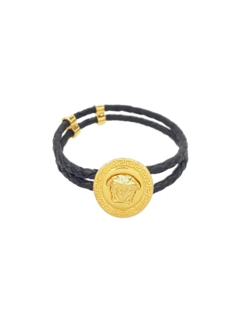 Versace Round Medusa Black Leather Gold Plated Bracelet Bangle