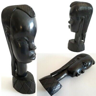 Vintage Old African Ebony Wood Hand Carved Sculpture Statue Bust Head 9.5'' Art