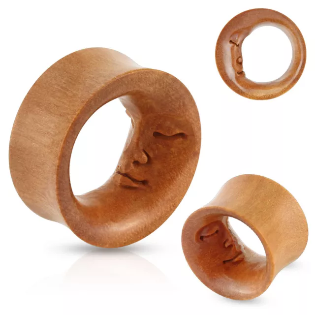 Pair of Moon Face Hand Carved Saddle Fit Sawo Wood Organic Tunnel Ear Plugs