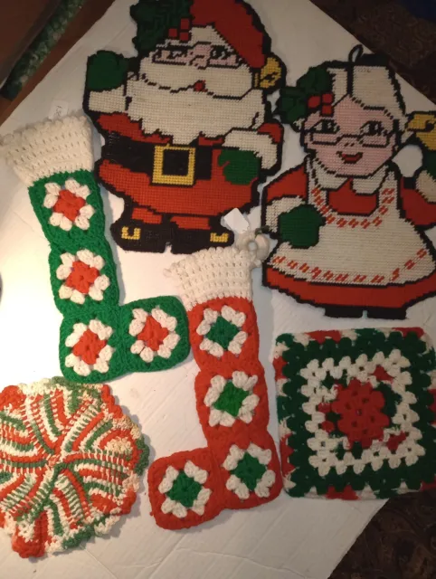 Lot of 6 Vintage Knit Yarn Christmas Handmade Decor Crocheted Stockings Santa