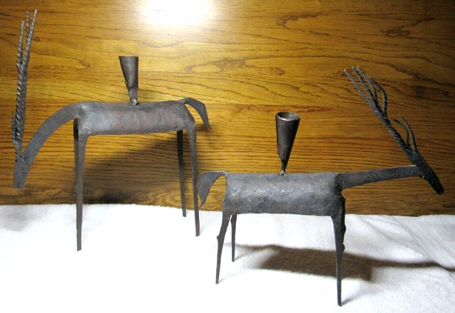 WROUGHT IRON Mid-Century Brutalist Sculpture DEER Antelope Pair SCANDINAVIAN