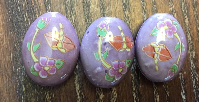 Vintage Asian Lavender 2 Sided Floral Decal Glazed Ceramic Large Oval Bead Lot