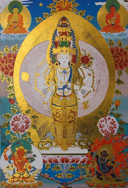 14" Silk Brocaded Golden Wood Scroll Tibet Thangka: 1000 Hands Avalokiteshvara =