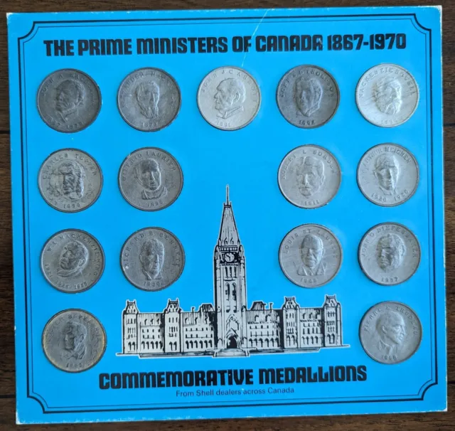 15 Piece Prime Ministers of Canada 1867-1970 Medallion Set - Shell Gas Station