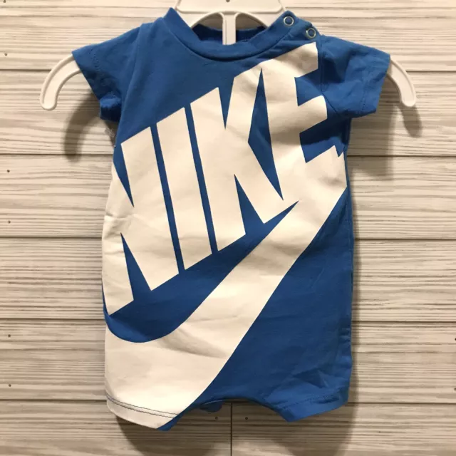 NIKE Baby Boy Romper Shortall Logo Size NB One Piece Bodysuit Baby Blue White