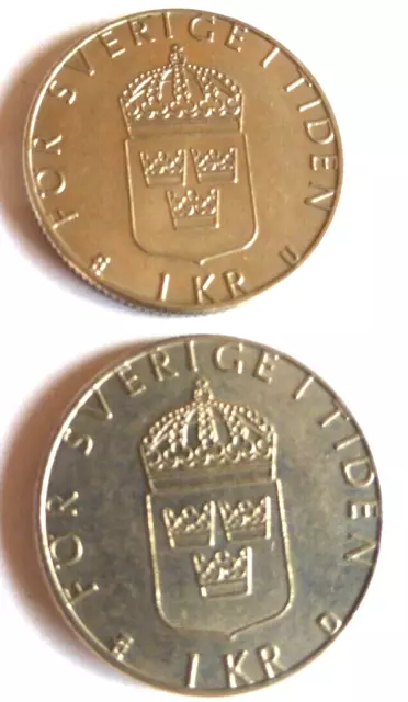 Sweden coins x two of one Kr. from 1985 and 1988.