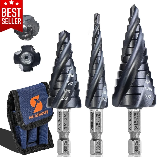 M35 Step Drill Bit Set 1/8"-7/8"(3 pcs), 1/4" Hex Shank HSS Four Spiral Flute De