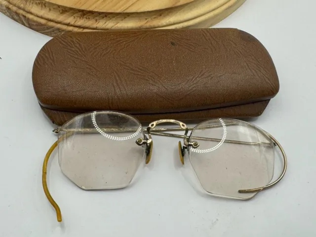 Vintage Wire Eyeglasses Frames 1/10 12k GF Gold Filled Octagon Lens Glasses Case