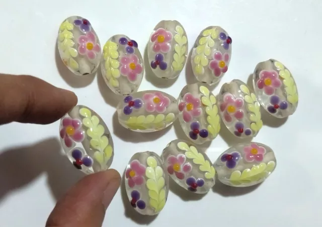 10pcs handmade Lampwork glass Beads Oval yellow pink flower  14.5*21mm