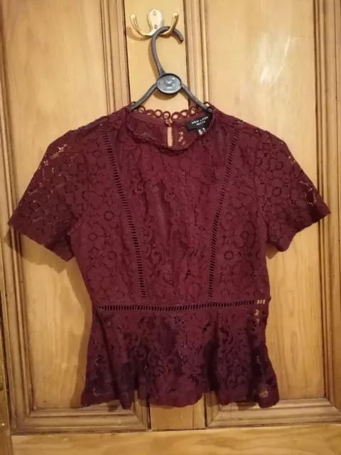 Petite burgundy lace peplum top - size 8