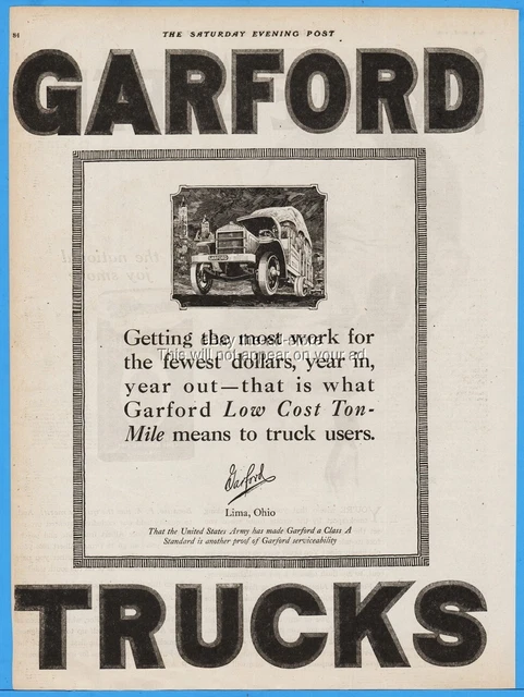1920 Garford Motor Truck Co Lima OH Most Work Fewest Dollars Vintage Trucking Ad