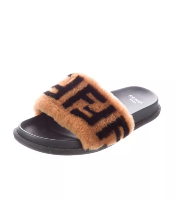 Fendi  Zucca  Sz 37 Fur Logo  Slides Sandals Shoes  & Dust Bag