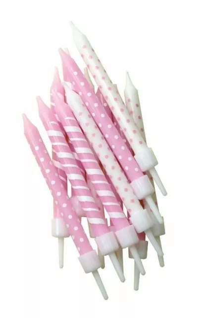 Birthday Cake Candles with Holders - Pack of 12 - Cake Decorations- Pink Polka