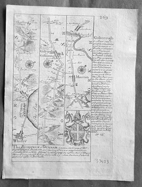 1720 Emmanuel Bowen Antique British Road Map - Whitby to Durham to Tinmouth