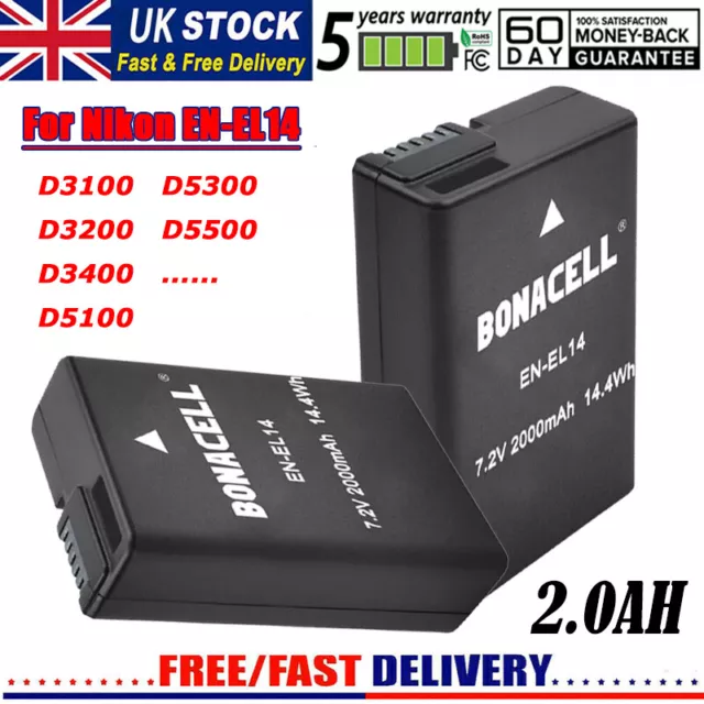 2Pack EN-EL14 EN-EL14A Rechargeable Battery for Nikon D3100 D3200 D5500 D5100