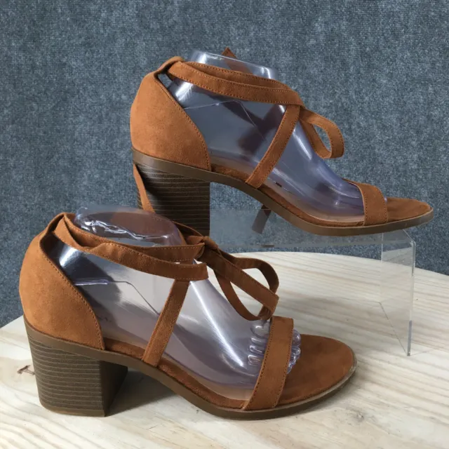 Merona Sandals Womens 10 Strappy Block High Heels Dorsay Open Toe Brown Fabric