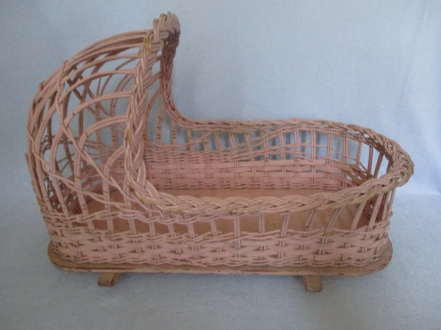 Vintage 20" Doll Cradle, Pink Wicker Rattan Rocking Bed - Marked, Branded