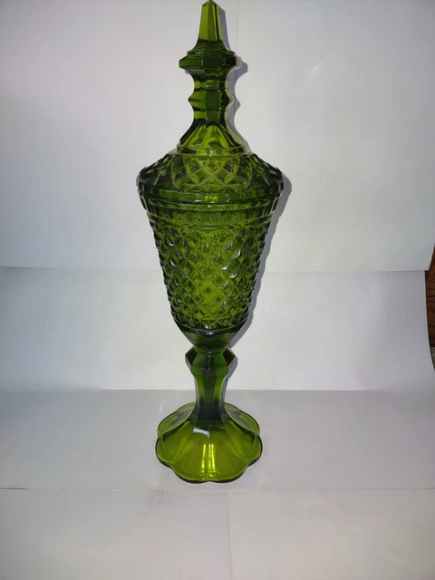 Vtg Indiana Glass Diamond Point Footed Emerald Green Candy Jar 16" Lidded