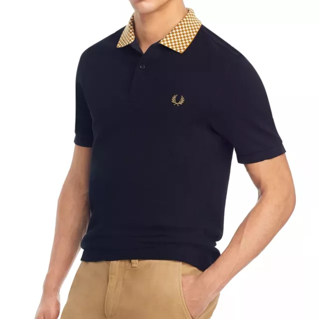 Fred Perry Men's Short Sleeve M6586 Checkerboard Collar Pique Polo Shirt Black