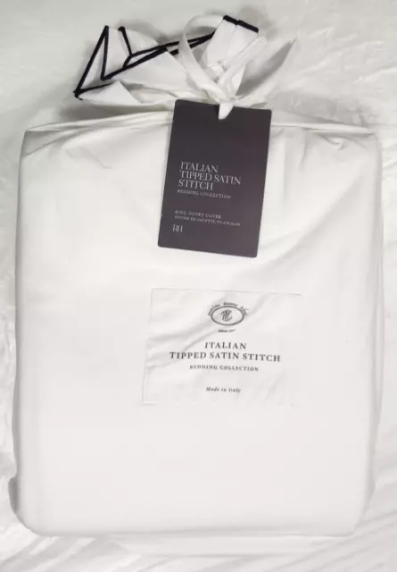 Restoration Hardware Italian Tipped Satin Stitch King Duvet Cover Navy White  FS