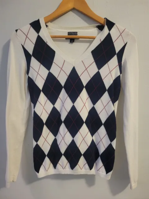 Tommy Hilfiger Womens Argyle Golf Sweater Size XS White Blue Cotton V Neck