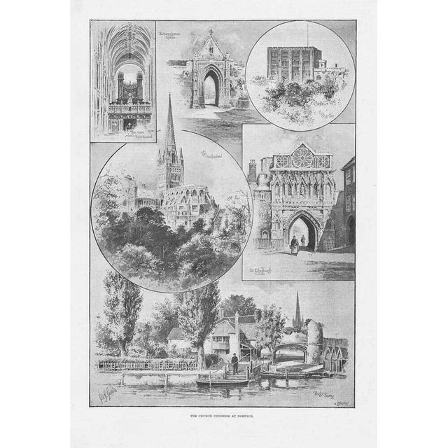 NORWICH Views: Pooly Ferry, St Ethelbert's Gate, Cathedral - Antique Print 1895