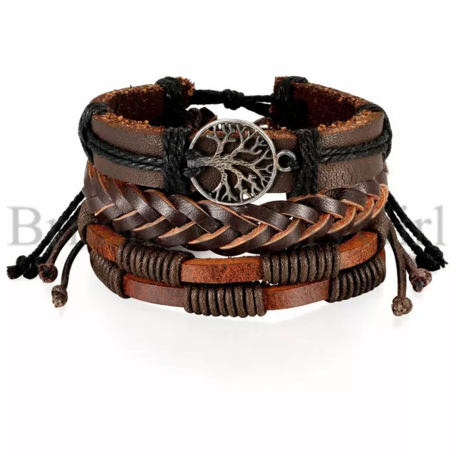 3-12PCS Men Women Tree of Life Braided Beaded Leather Ethnic Tribal Bracelets 2