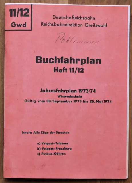 Deutsche Reichsbahn - Buchfahrplan Heft 11/12 Rbd Greifswald 1973/74 (Repro)