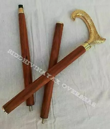 Antique Laiton Massif Courbé Tête Poignée en Bois Style Marche Bâton Manche