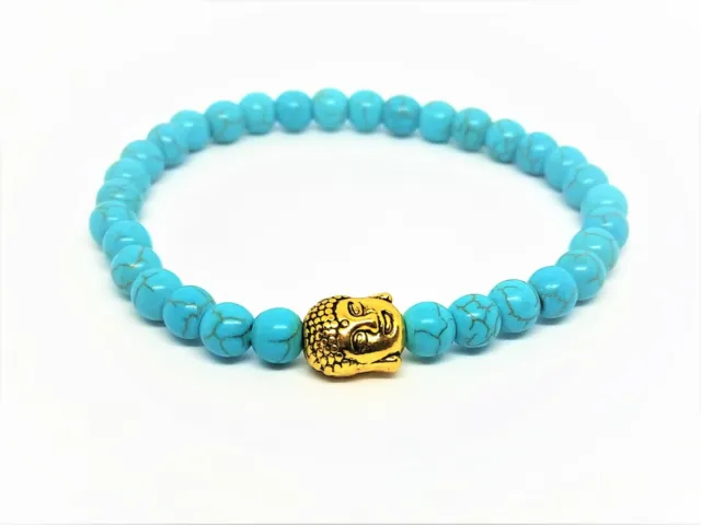 Bracelet perles de Howlite turquoise 6mm bouddha doré : Apaisement, sommeil