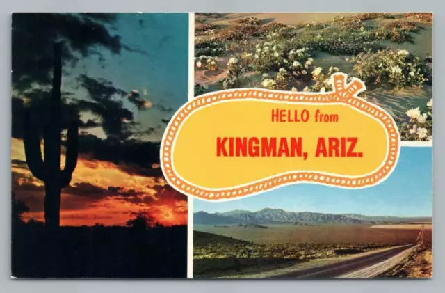 Hello from KINGMAN Arizona ~ Vintage Route 66 Highway Desert Postcard 1960s