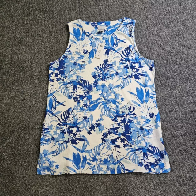 Chicos Tank Top 2 Womens Large White Blue Floral Pima Cotton Sleeveless Casual