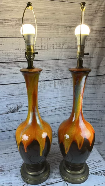 Vtg Pair Large Ceramic Drip Glaze Lamps Mid Century Yellow Orange Blue Brown MCM