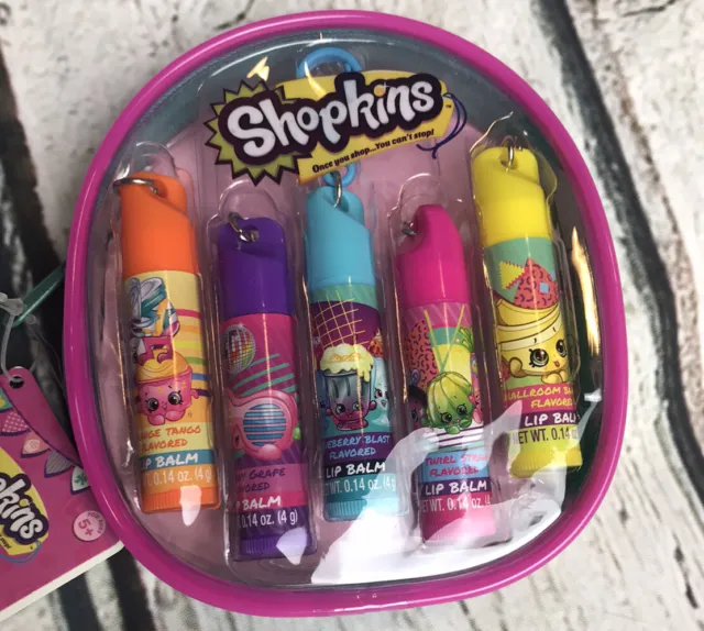 SHOPKINS Mini Backpack Lip Balm Set Scented 5 Pc Variety Pack NEW