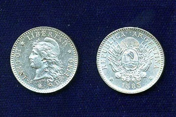 Argentina  Republic 1883 10 Centavos Silver Coin, Choice Almost Uncirculated