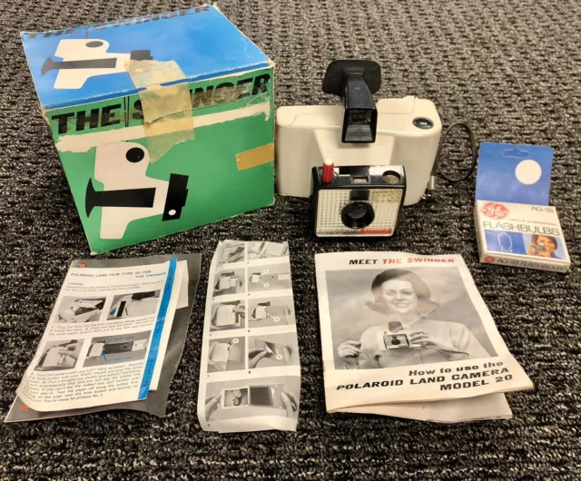 Vintage Polaroid Swinger Model 20 Land Camera White w/ Box & Paperwork
